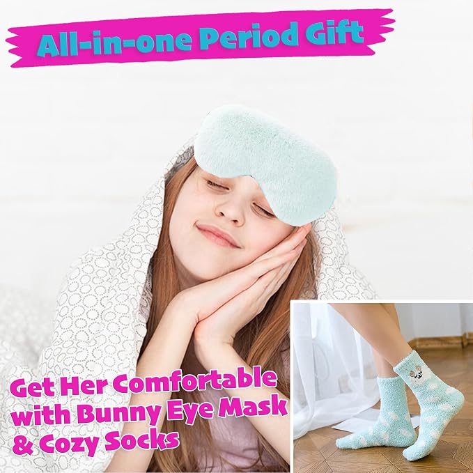 First Period kit for Girls | 23 PC Period Packs for Young Girls First Time | First Period Gift for Teen Girls with Sanitary Pad Storage Bag, Wipes, Bracelet, Eye Mask, Socks and More(Mint)