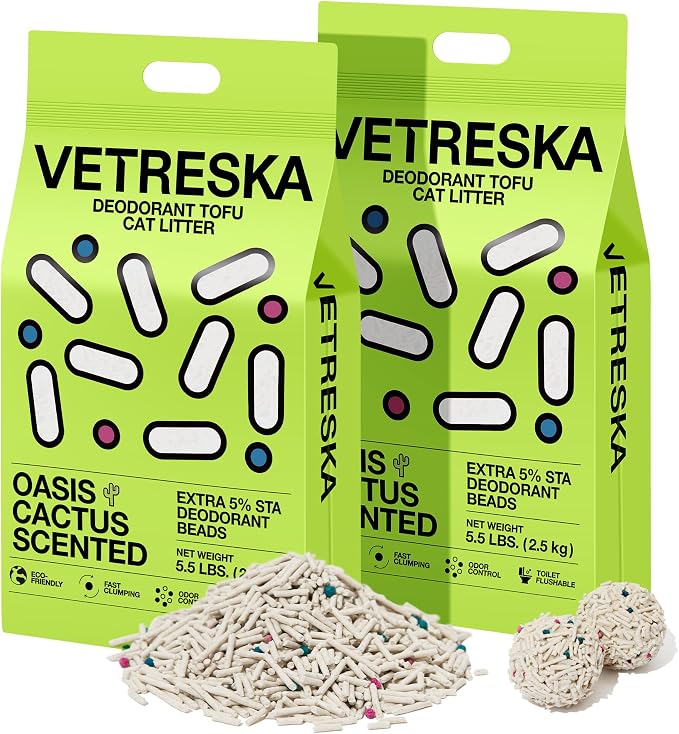 VETRESKA Tofu Cat Litter,Odor Control, Cactus 5.5lb×2bags | Natural Kitty Litter Strong Clumping Flushable Cat Litter Pellet Ultra Absorbent,Dust-Free,Low Tracking Deodorant Tofu Litter