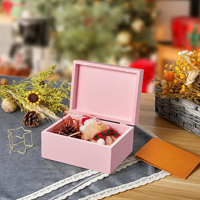 DRASTAR Wooden Box, Small Keepsake Box, Memory Box for Keepsakes, Cute Jewelry Box, Wedding Memory Box with Lids, Pink Decorative Box