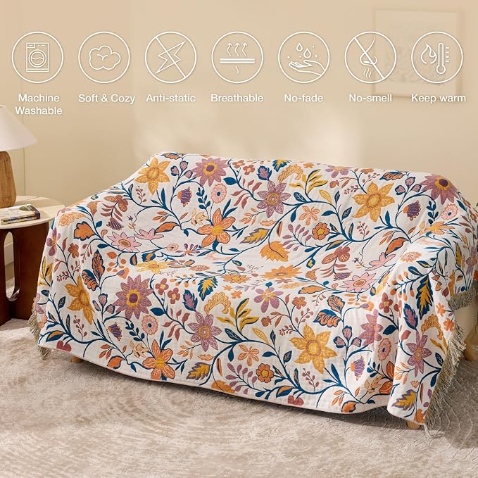 100% Cotton Boho Throw Blanket for Home Decor – Classic Farmhouse Quilt Bedding, Muslin Blankets for Adults, Vintage Woven Decorative Blanket for Couch, Bed Layering Use, Botanic Floral, 50"x60"