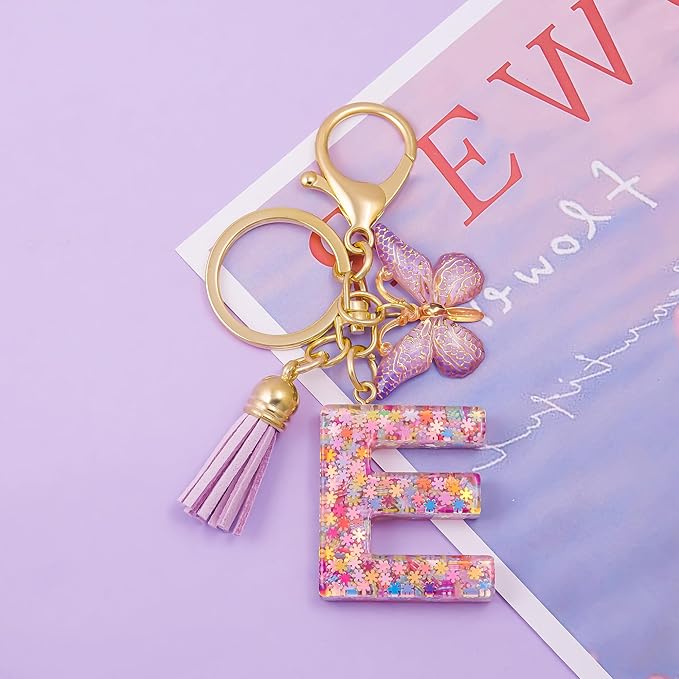 Fashion Alphabet Initial Letter Keychain Tassel Butterfly Pendant Key Ring for Purse Handbags Women Girl