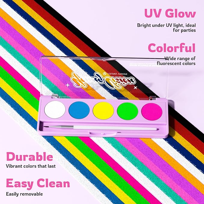 YOUNG VISION 2-PACK Water-Activated Face & Body Paint Palette Set – Neon Fluorescent, Glow Under UV and Blacklight, FX Makeup for Face Painting, Blacklight Glow, Eyeliner, and Body Art