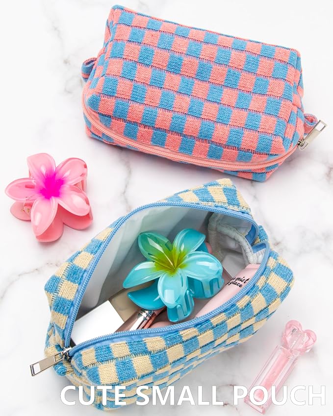 PAZIMIIK Checkered Makeup Bag for Purse Portable Zipper Make Up Pouch Small Cosmetic Case for Travel Accessories Blue Beige