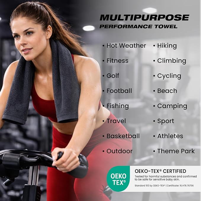Sports Towel - Double Pack (2 Pieces), 12"x51", Dark Gray, 100% Cotton - Oeko-Tex Certified, Very Absorbent and Quick-Drying, for Fitness, Gym and Yoga