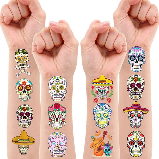 Skull Temporary Pre-Cut Tattoos for Kids – 60 PCS (5 Sheets) Fiesta Sugar Skull Party Favors, Mexican Day of the Dead Decorations, Cute Stickers for Baby Girls Boys, Classroom School Carnival Supplies