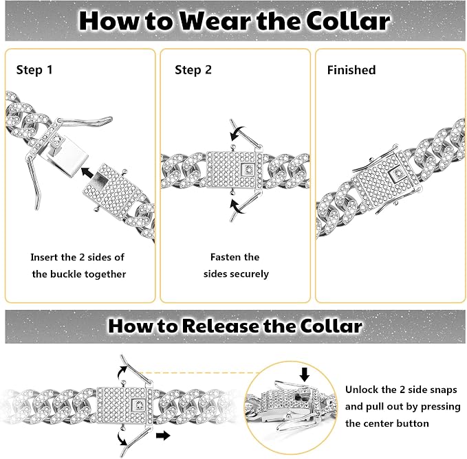 Custom Dog Chain Collar with Name, Diamond Collars Metal Chain Necklace with Secure Buckle, Cuban Style Jewelry Accessories for Puppy Small Medium Large Dogs(Silver, 12 Inch)