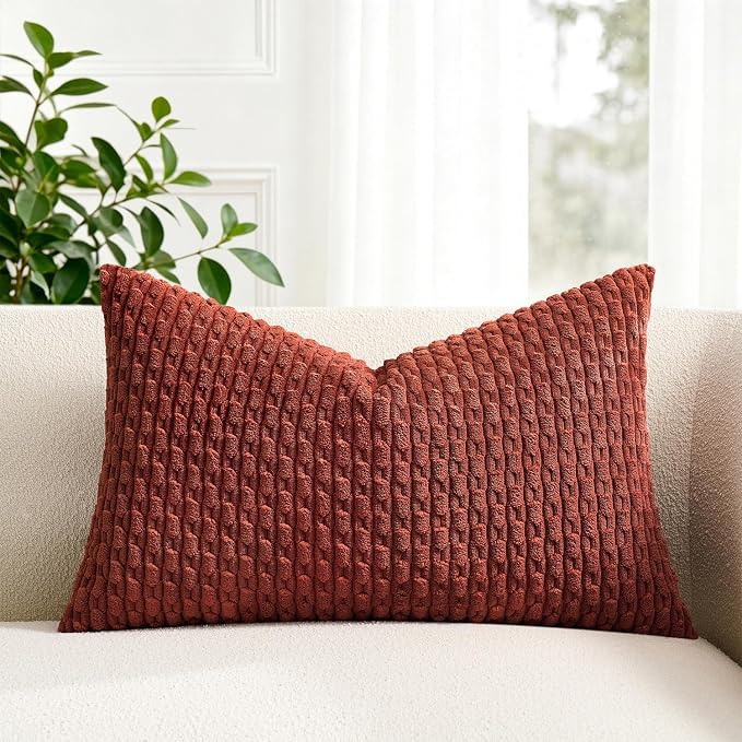 Kevin Textile Soft Corduroy 12"x20" Lumbar Pillow Cover 1 Pack, Burnt Brick | Fall Boho Stripe Plush Corduroy Decorative Oblong Cushion Cover Modern Farmhouse Home Decor for Sofa Couch Bed Chair