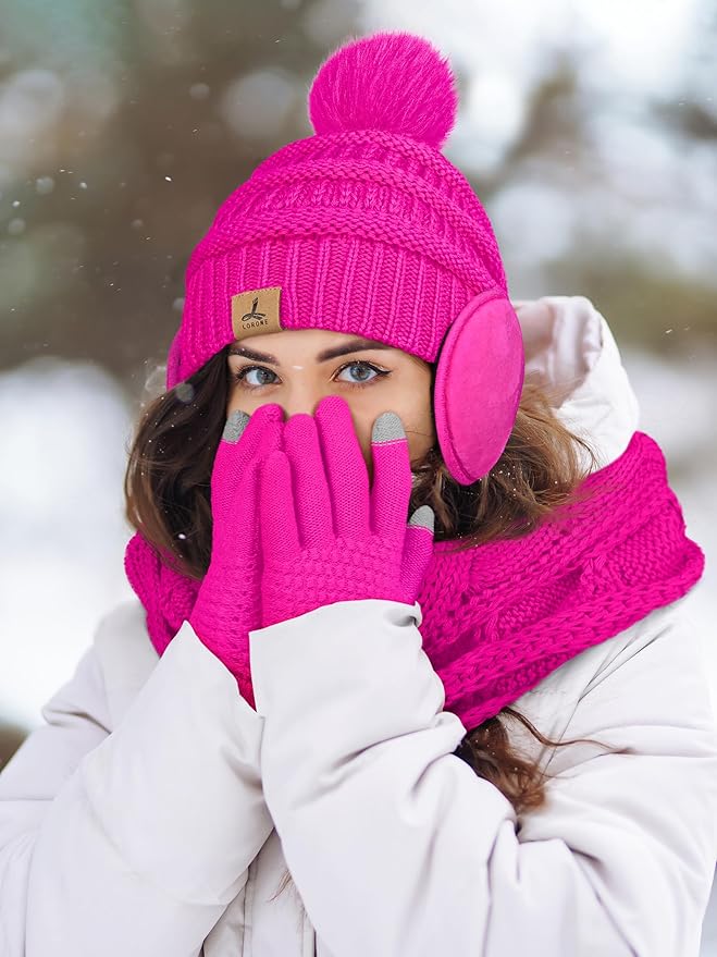 Winter Hat Scarf Gloves and Ear Warmer, Warm Knit Beanie Hat Touch Screen Gloves Set Winter Gifts Neck Scarves for Women