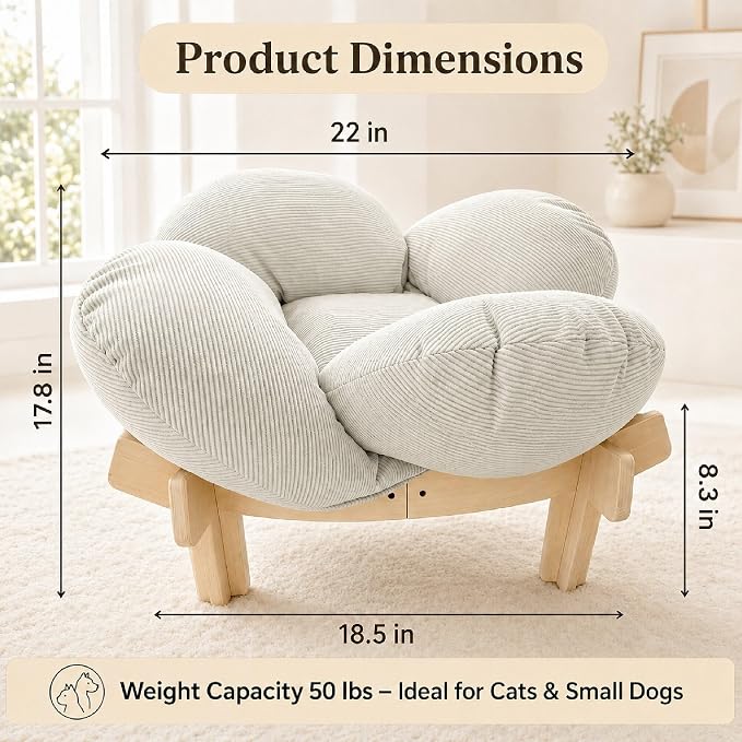 Wooden Elevated Cat Bed, Pet Sofa Furniture with Washable Cushion (Beige) | Soft Beds with Extra Filling prevent flattening, while Stable Wooden Frame with Base Board supports 50 lbs for Kitty & Puppy.