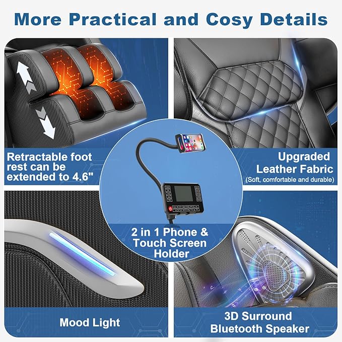 Massage Chair Full Body, Zero Gravity Massage Chair 2025 for Back Fatigue with 10 Fixed Rollers, Airbags, Heating, Phone Controller, Bluetooth Speaker, Nightlights for Living Room, Bedroom