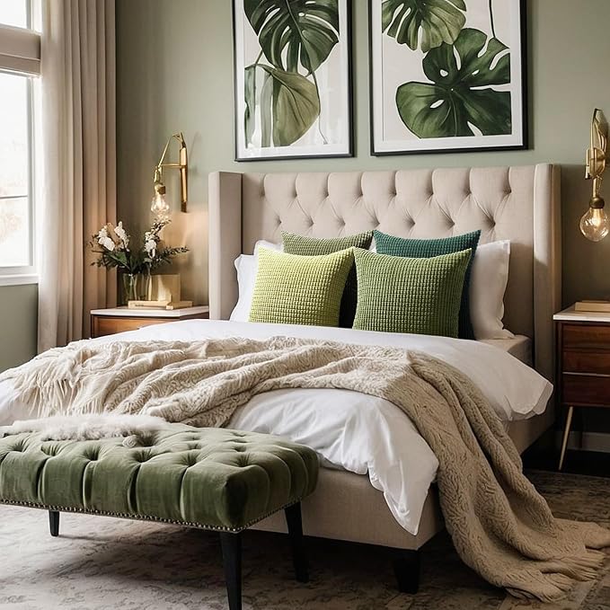 Softalker Corduroy Decorative Throw Pillow Covers 18x18, Set of 4, Green | Soft Boho Striped Pillow Cases, Couch Fluffy Cushion Covers for Farmhouse Home Decor Bed Living Room