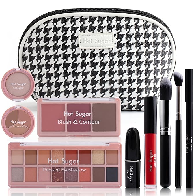 Hot Sugar All in One Makeup Kit, Makeup Set for Women, Girls Makeup Kit for Teens with Eyeshadow, Blush, Contour, Highlighter, Concealer, Lipstick, Lip Gloss, Eyeliner and Brush (Black)
