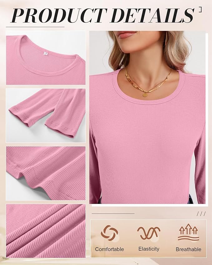Ficerd 3 Pack Women's Ribbed Long Sleeve Tops, Crew Neck Slim Fit Undershirts Knit Basic Casual Stretch Layering Tee Shirts