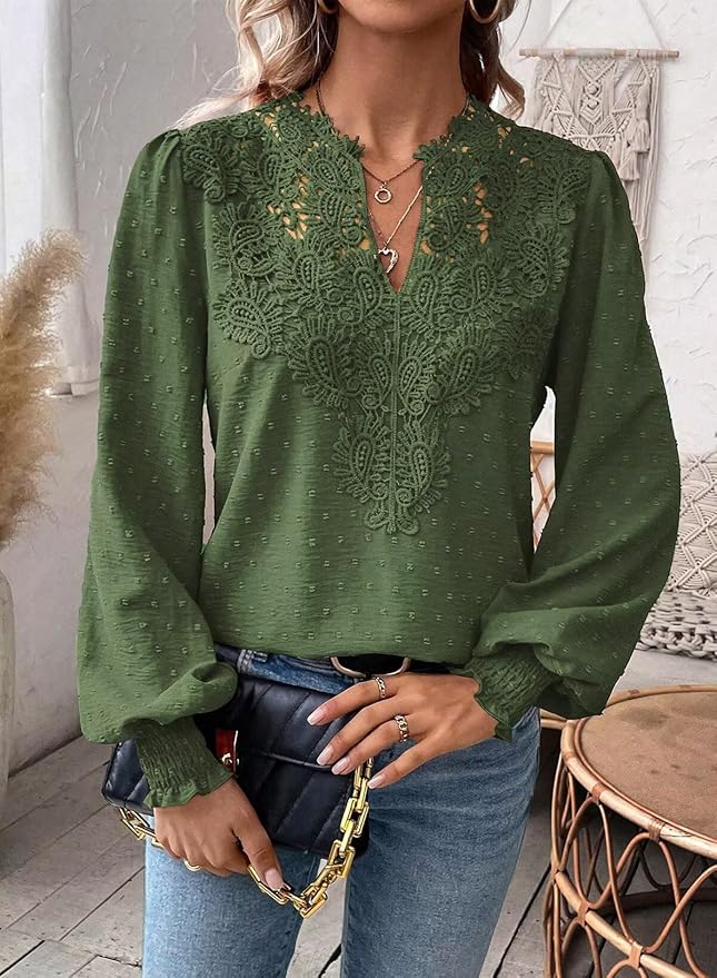 Womens Tops Swiss Dot Boho Long Sleeve Shirts V Neck Casual Chiffon Blouses Flowy Lace Hem Cute Clothing Trendy 2026