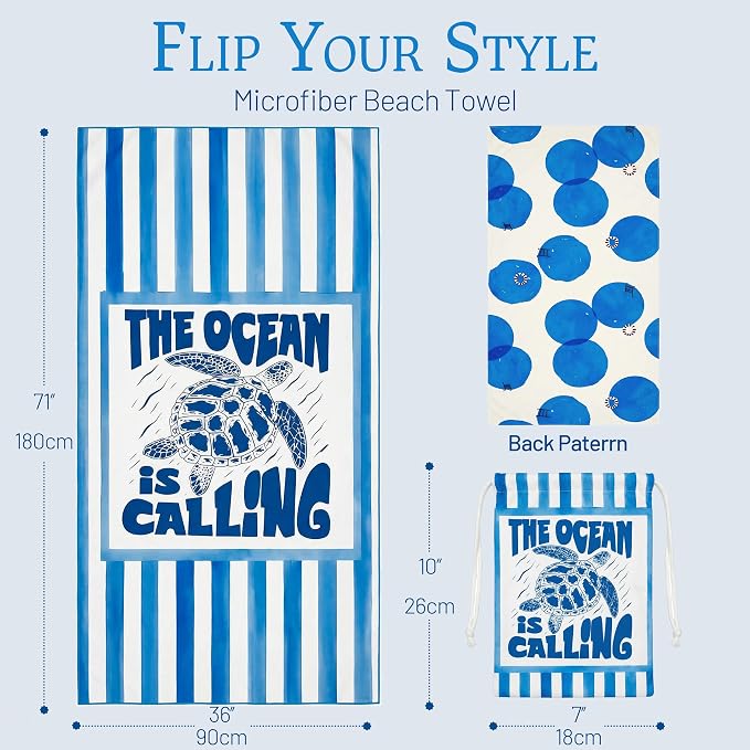 Microfiber Beach Towel Oversized w/Travel Bag, 71 * 36'' Double Print 2-in-1 Quick Dry XL Beach Towels for Cruise Pool Yoga Gym Vacation Gift, Lightweight Absorbent Sandproof Large Bath Towel