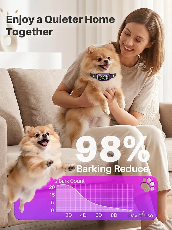 Dog Bark Collar, Humane Anti Barking Device with AI Smart Detection, Beep & Vibration, 7 Sensitivity Levels, Rechargeable No Bark Collar for Small Medium Large Dogs IP67 Waterproof