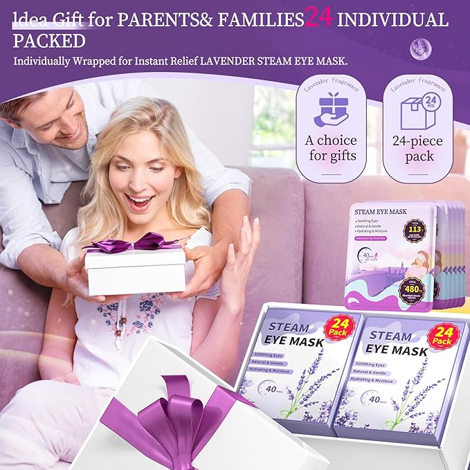 110℉ Constent Cornea Care Rest Self Heating Eye Mask 60Mins, Disposable Lavender Steam Eye Mask for Travel Sleep, Compresses for Dry Eyes, Relaxing Gifts 24 Packs