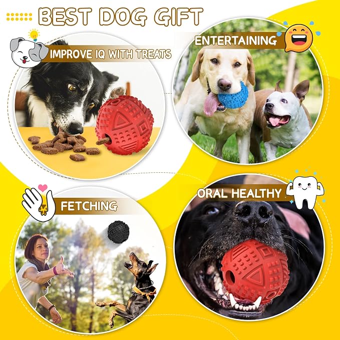 Dog Balls Treat Dispensing Dog Toys for Aggressive Chewers Large Breed-Red | Nearly Indestructible Squeaky Puppy Chew Toys for LargeBreeds, Natural Rubber Doggie Puzzle Toys, Pet Treat Ball