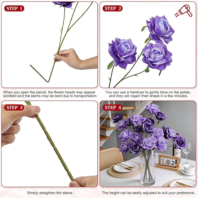 INXUGAO 6 Pcs Artificial Flowers Fake Roses for Outdoor, 28" Long Stem Silk Roses for Wedding Indoor Outside Party Decor, Realistic Faux Bouquet for Tall Vase Planter (Purple)