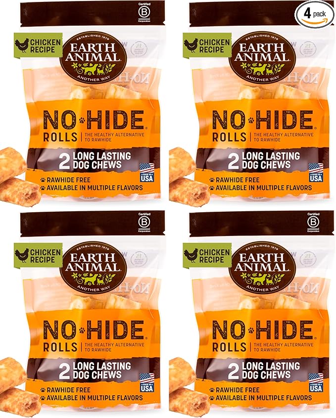 EARTH ANIMAL No Hide Chews - Long Lasting Rawhide Free Small Dog Chews Rolls, Chicken - 2 Count (Pack of 4)