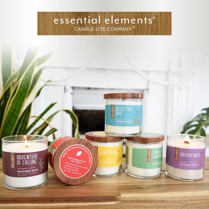 Essential Elements by Candle-Lite Company Wood Wick Scented Candle, Wanderlust, One 16 oz. Single-Wick Aromatherapy Candle with 50 Hours of Burn Time, White