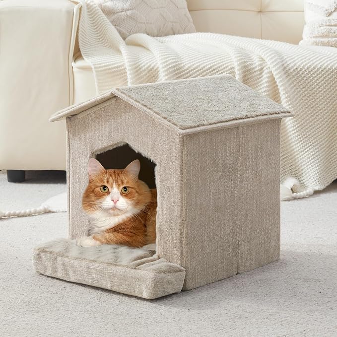 Cat Beds for Indoor Cats,Cat Houses,Cat Cave with Orthopedic Cushion,Foldable Cat Condos,Hideaway,Shelter,Beige Cat Tent for Small Dogs and Rabbit,Squirrel