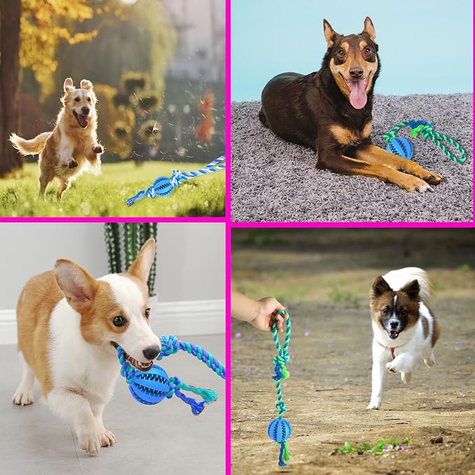 Engorgio Interactive Dog Chew Toys Crate Training Aids for Puppies, Puzzle Treat Dispenser with Rope Dogs Toy Ball Reduce Stress Anxiety Peanut Butter Dog Food Treat Dispenser Toys (Blue)