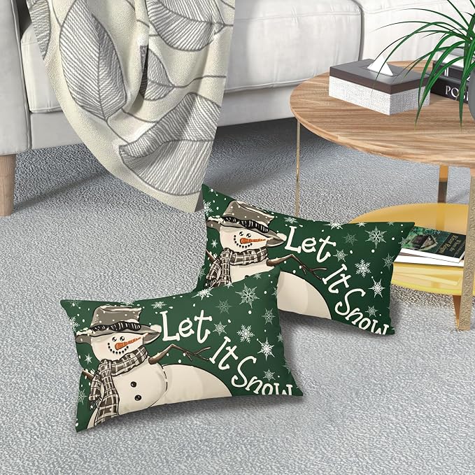 Christmas Green Lumbar Pillow Covers 12X20 Inch Set of 2 Xmas Snowman Snowflake Decorative Pillow Cases Winter Holiday Cotton Linen Cushion Case Modern Home Decor for Sofa Couch Bedroom