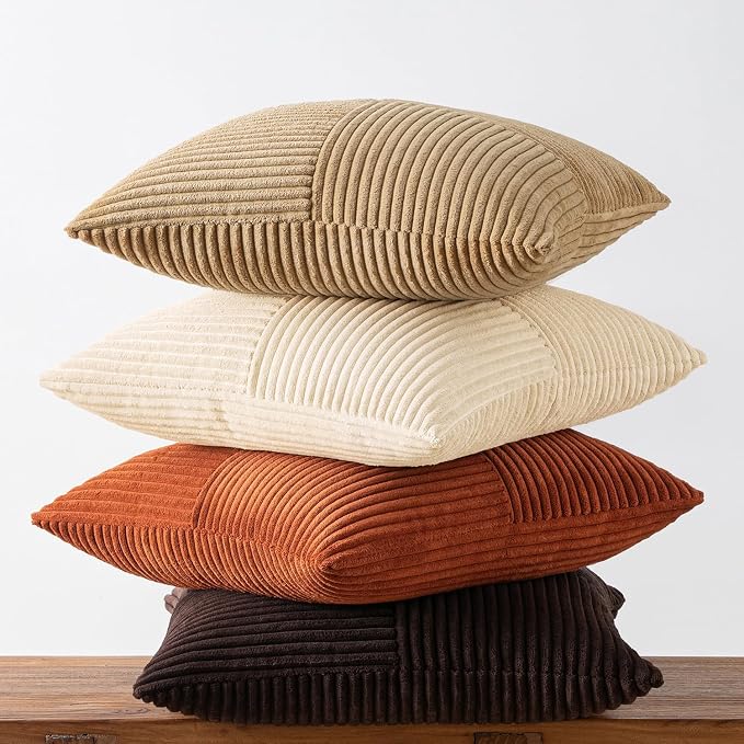 MIULEE Brown Beige Throw Pillow Covers 18x18 Inch Set of 4 Boho Farmhouse Cushion Cases for Livingroom Couch Bed Soft Corduroy Pillow Cases with Invisible Zipper Home Decor