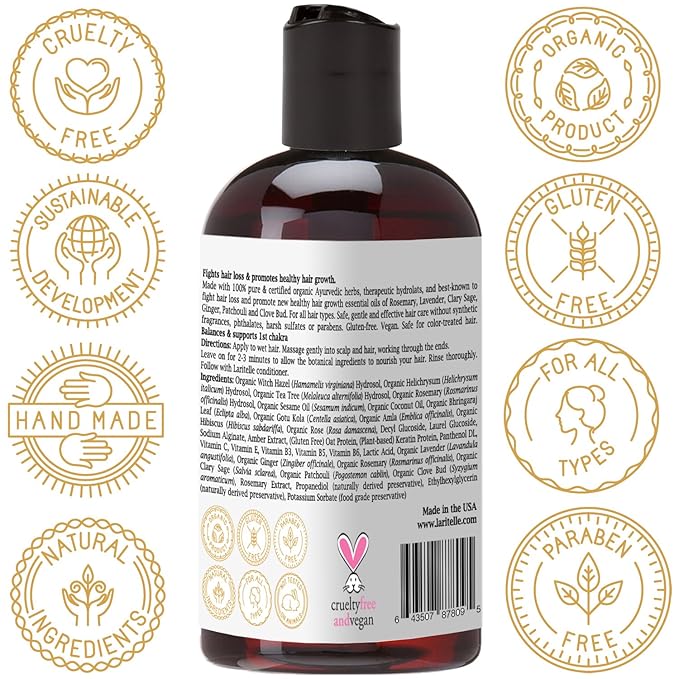 Laritelle Organic Travel Size Shampoo 2 oz | Fortifying, Strengthening & Rejuvenating | Stops Hair Shedding, Promotes New Hair Growth | Ayurvedic Herbs, Lavender, Ginger, Rosemary, Patchouli & Cloves