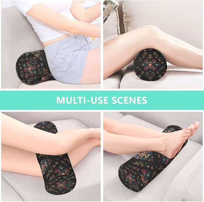 Black Boho Flower Neck Roll Pillow Bolster Round Health Memory Foam Long Cervical Cylinder Pillows with Removable Washable Cover for Body Bed Legs Back Yoga