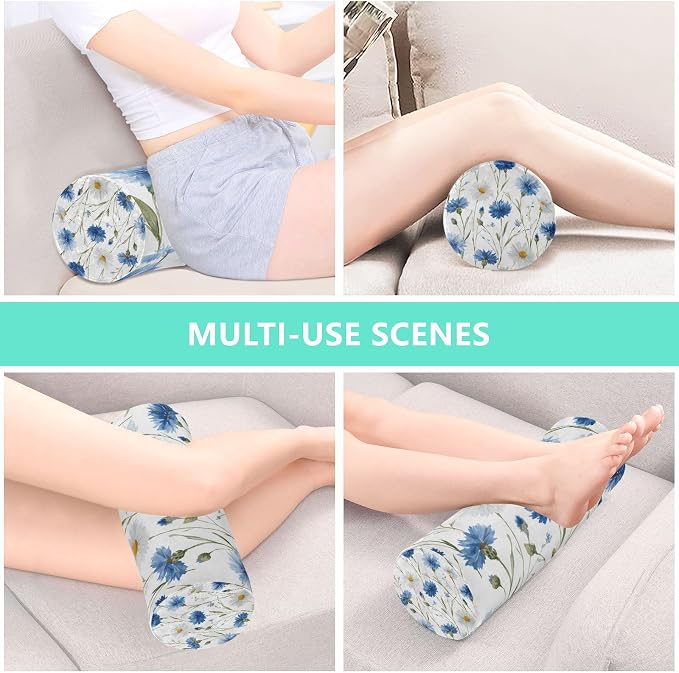 Neck Roll Pillow Bolster Pillows Round Health Memory Foam Long Cervical Cylinder Bolster Body with Removable Washable Cover for Bed Legs Back Yoga Blue Daisy Cornflowers White