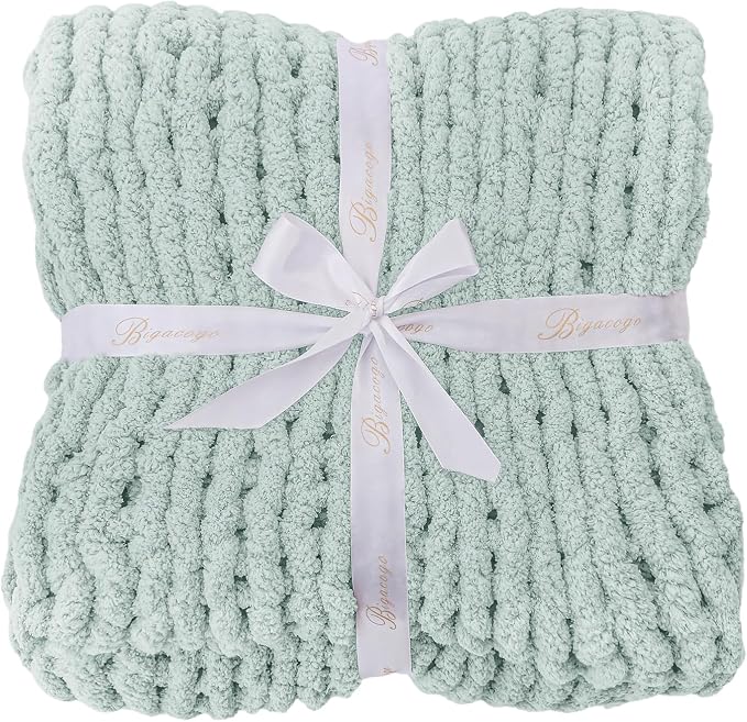 Bigacogo Chunky Knit Throw Blanket for Couch, 40x40 inches, Mint | Hand Knit with Jumbo Chenille, Soft Breathable Cable Knit for Sofa Bed Living Room, Machine Washable, Gift for Mom Friend