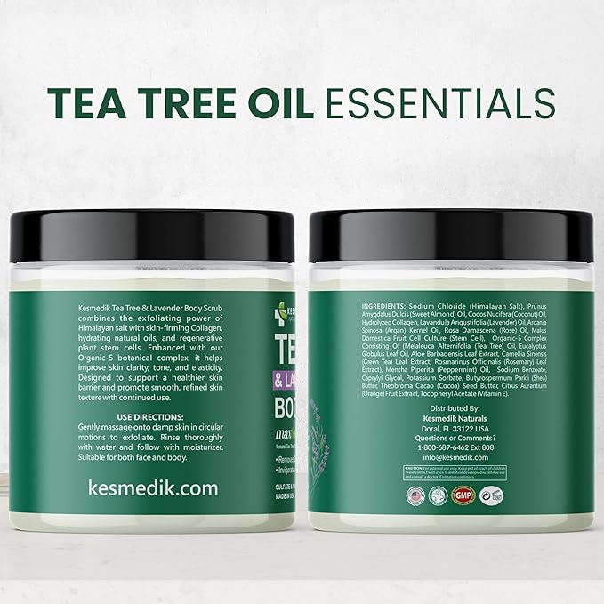 Kesmedik Pure Tea Tree Oil Body & Foot Scrub, Himalayan Salt Exfoliating Scrub with Stem Cells & Shea Butter, Antifungal Defense, Acne Support, Itchy Skin Relief, Removes Dead Skin & Rough Patches