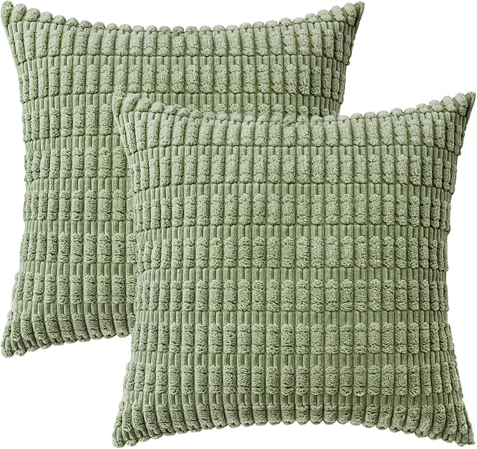 MIULEE Corduroy Decorative Throw Pillow Covers 18x18 Sage Green Pack of 2 | Soft Boho Striped Pillow Covers Modern Farmhouse Home Decor For Sofa Living Room Couch Bed