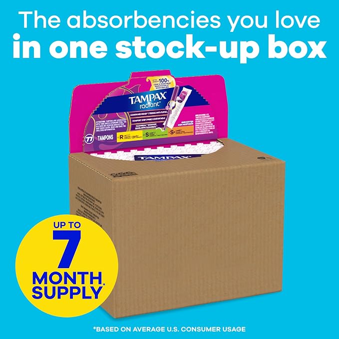 Tampax Radiant Tampons Multipack, with LeakGuard Braid, Regular/Super/Super Plus Absorbency, Up to 100% Leak and Odor Free Protection, Unscented, 77 Count
