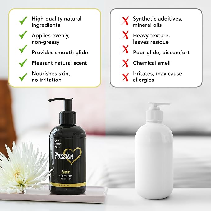 Passion Massage Oil for Date Night | 100% Natural Body Oil for Couples with Jojoba & Almond | Aromatherapy & Relaxing Massage Therapy | Valentines Day Gifts for Her | Lemon Crème Scent
