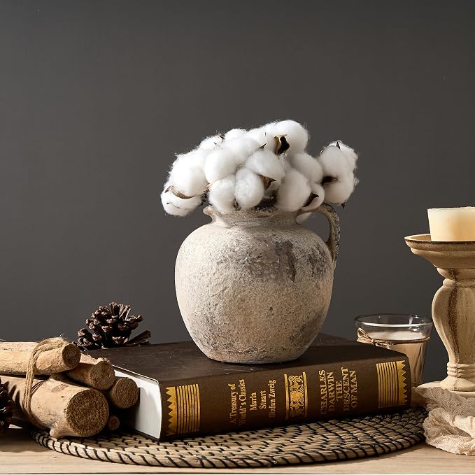 PORCER Antique Terracotta Vase with Handle, 5.6 Inch Farmhouse Ceramic Vase Boho Decor Decorative Vase, Rustic Vase for Home Decor, Living Room, Table, Wedding - Distressed Design, Gray