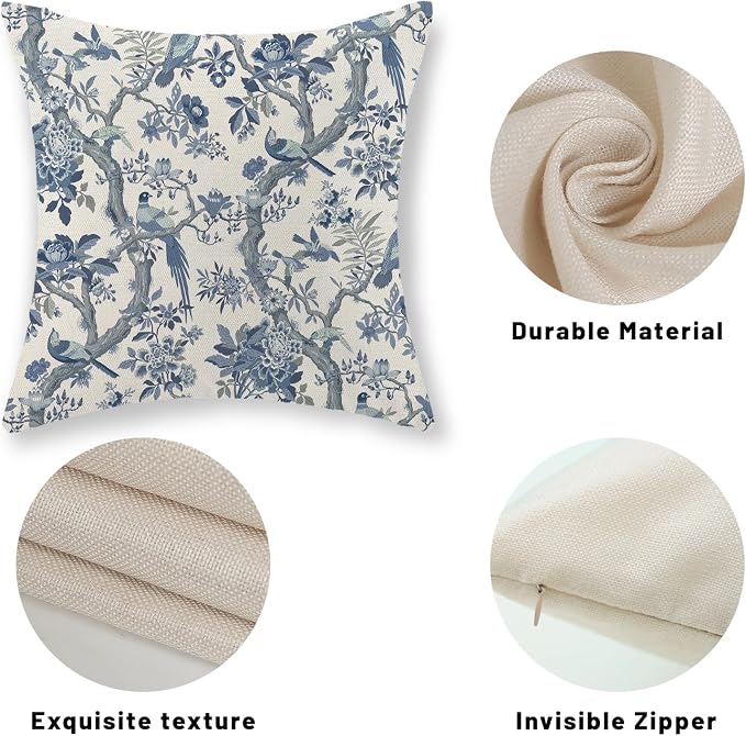 Chinoiserie Floral Birds Pillow Covers 18x18 Set of 2 Blue and Cream Spring Flower Decoratiove Pillowcase Vintage Outdoor Decor Throw Pillows for Couch Farmhouse Cushion Case for Home Sofa