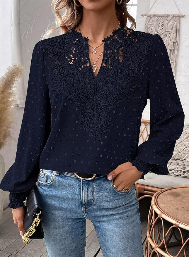 Womens Tops Swiss Dot Boho Long Sleeve Shirts V Neck Casual Chiffon Blouses Flowy Lace Hem Cute Clothing Trendy 2026