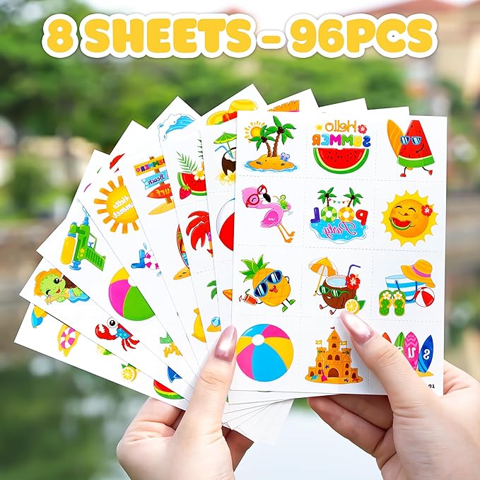 96 PCS Hello Summer Beach Pool Hawaiian Pre-Cut Temporary Tattoos for Kids | Super Cute Themed Birthday Party Favors, Supplies, Decorations, Fake Tattoo Stickers (Multiple)