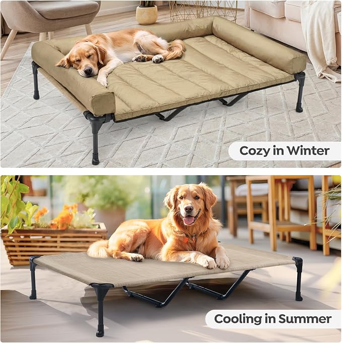 Veehoo Outdoor Elevated Dog Bed with Waterproof Bolster Cushion, Cooling | Raised Dog Bed with Removable & Washable Mat Topper, Breathable Mesh, Dog Couch Cot for Indoor Outdoor, 59", Large, Beige