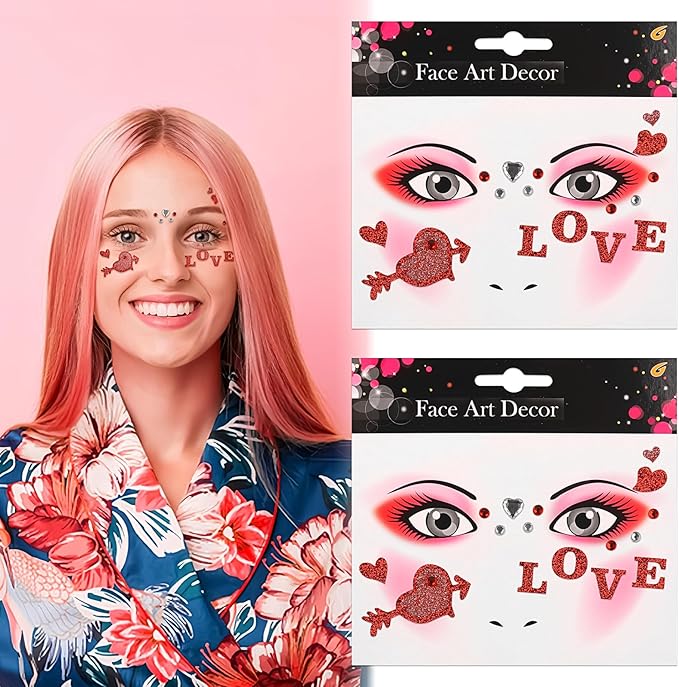 Valentine Face Gems Face Jewels Stickers Red Love Heart Lip Self Adhesive Eye Body Face Nail Hair Crystal Rhinestones for Makeup Festival Glitter Face Art Decor 2Sheets (style2)