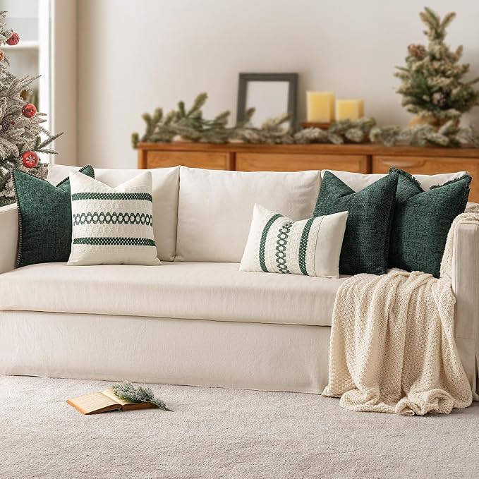 MIULEE Decorative Couch Throw Pillow Covers 20x20 in Christmas Green 2 Pack | Modern Boho Accent, Soft Chenille Pillow Covers, Farmhouse Cushion Cases for Home Decor Bed Sofa Living Room