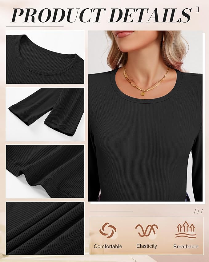 Ficerd 3 Pack Women's Ribbed Long Sleeve Tops, Crew Neck Slim Fit Undershirts Knit Basic Casual Stretch Layering Tee Shirts