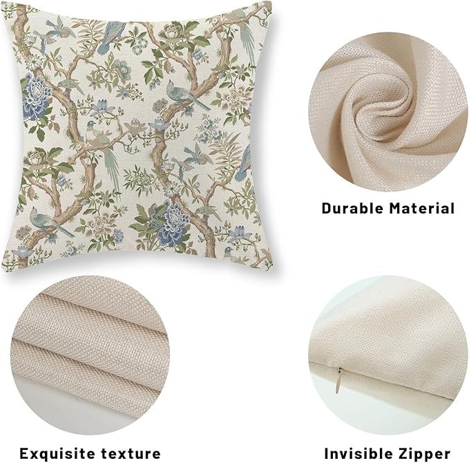 Chinoiserie Pillow Covers 18x18 Set of 2 Blue Green Bird Floral Throw Pillows Vintage Blue Flowers Decorations Outdoor Pillowcase Chinoiserie Decor Farmhouse Linen Cushion Case for Couch Home