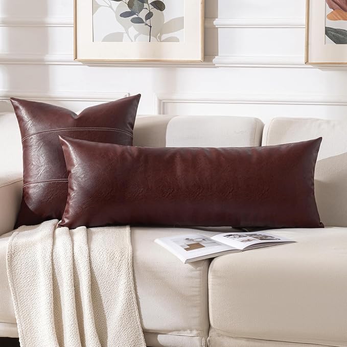 Fancy Homi Burgundy Boho Long Lumbar Faux Leather Body Decorative Throw Pillow Cover 14x36 Inch for Bed Couch Sofa Bench, Thick Stylish Solid Wine Red Pillowcase, Rustic Modern Farmhouse Room Decor