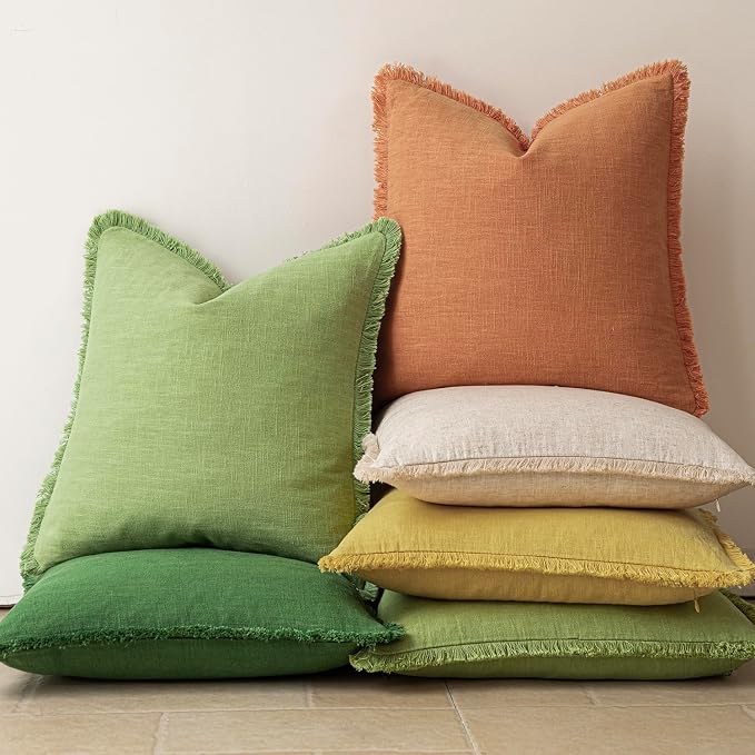 Foindtower Set of 2 Decorative Linen Fringe Throw Pillow Covers Cozy Boho Farmhouse Cushion Cover with Tassels Soft Accent Pillowcase for Couch Sofa Bed Living Room Home Decor,18×18 Inch,Ginger Yellow
