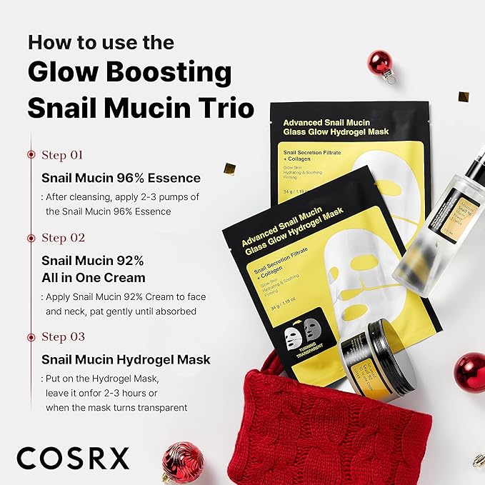 COSRX Snail Mucin Limited Gift Set with Snail Mucin Repairing Serum, Moisturizer & Collagen Face Mask, Korean Skin Care Set, Gifts for Women, Amazon Exclusive