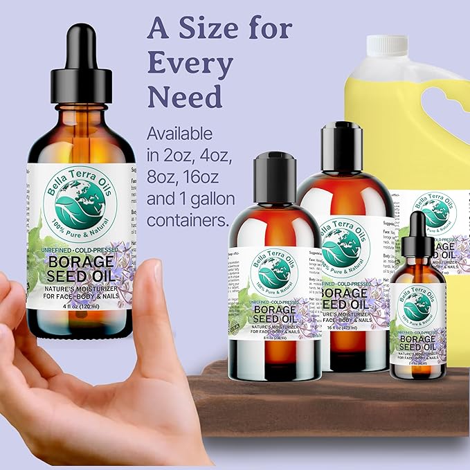 Bella Terra Oils Premium Borage Seed Oil with High GLA – 1 gallon, Luxurious Skin Radiance, Quick Absorption, Nourishing